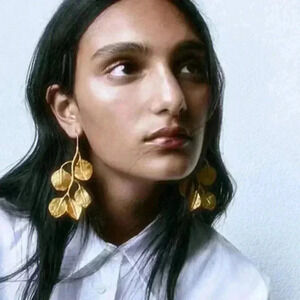 Gold Women's Long Exaggerated Retro Metallic Leaf Hook Earrings
